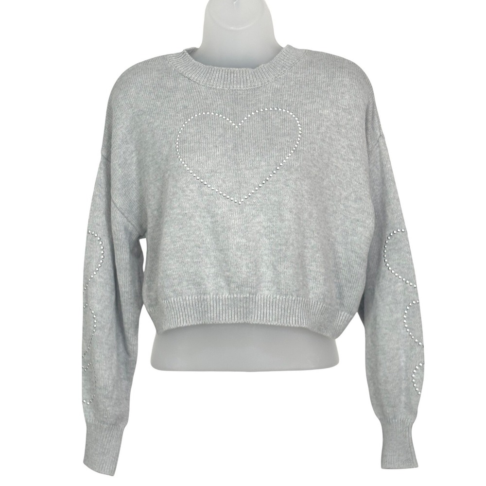 Madden NYC Women M Gray Cropped Heart Rhinestone Embellished Sweater | Medium